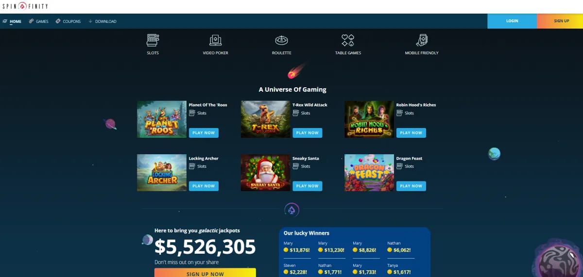 Spinfinity Casino Website view