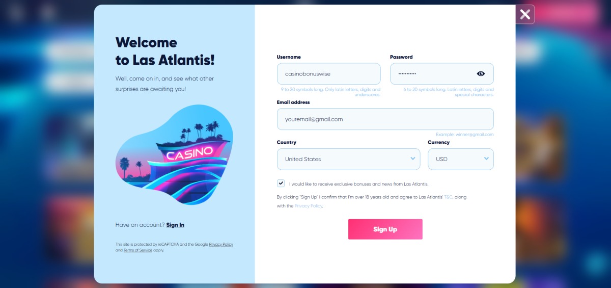 Las Atlantis Casino Registration Form