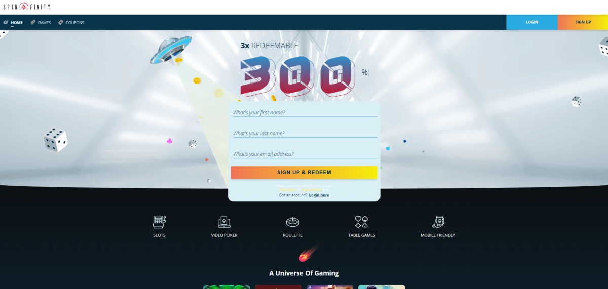 Spinfinity Casino Homepage