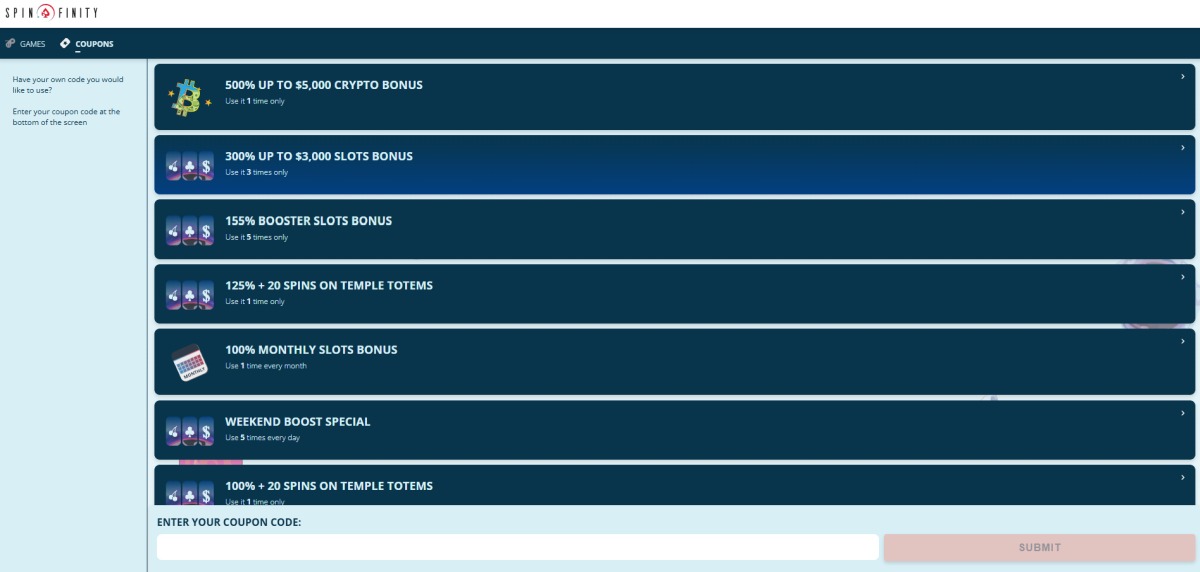 Spinfinity Casino Promotions